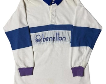 Vintage 90er Benetton Weiß Blau Polo Rundrug Shirt Colors Of Benetton Langarm Polo Rundrug Shirt Größe M