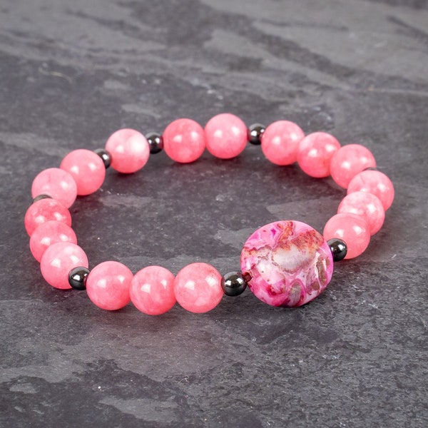 Lipstick-Inspired Bracelet Collection - Pink Jade and Crazy Lace Agate Stretch Bracelet - Complements Your Favorite Light Pink Lipstick