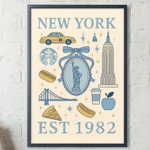 New York City Icons Wall Art – Vintage Pastel NYC Travel Poster with Statue of Liberty, Skyline, Landmarks – Digital Print