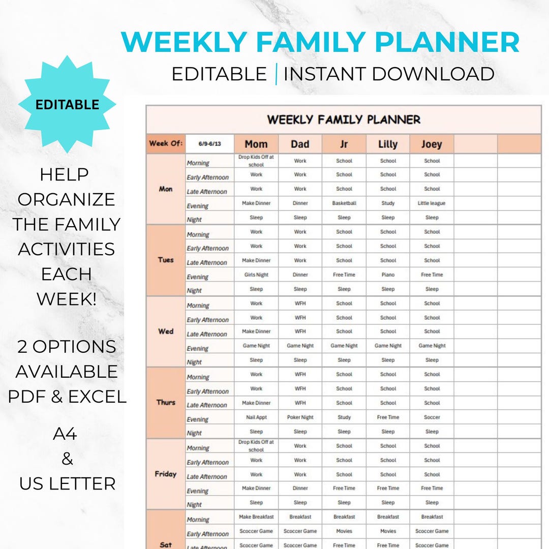 EDITABLE Weekly FAMILY PLANNER | Printable Family Calendar |family ...
