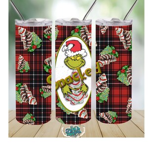 Christmas Tree Cakes on red plaid w green guy snacked  20oz skinny straight tumbler DIGITAL design; png