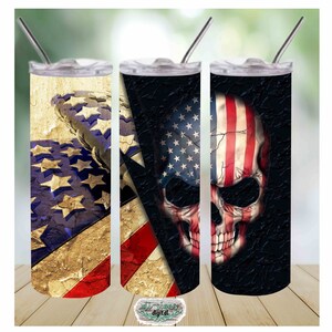 May include: Three stainless steel tumblers with a distressed American flag and skull design. The tumblers are all the same size and have a straw.