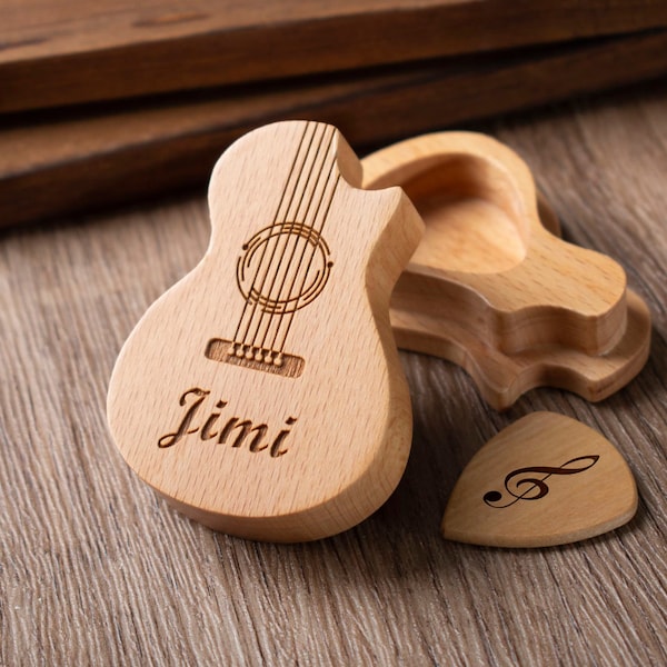 Personalized Wooden Guitar Picks with Case, Custom Guitar Pick Kit, Holder Box for Picks, Musicians Player, Father's Day Birthday Gift Idea