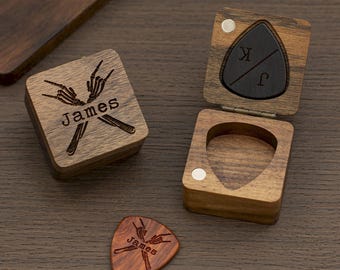 Personalized Skeleton Hand Guitar Picks Box: Engraved Wooden Plectrum Holder, Guitarist Gift