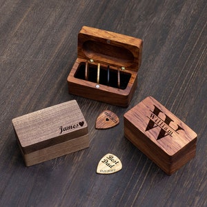 Personalized Wooden Guitar Picks with Case, Engraved Guitar Pick Box, Custom Plectrum Holder, Father's Day Gift, Gift for Him