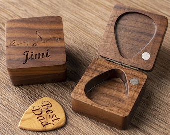 Personalized Wooden Guitar Picks with Case, Engraved Plectrum Box, Custom Unique Pick Holder, Father's Day Gifts, Gift for Him, Groomsmen