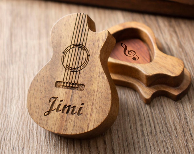 Personalized Wooden Guitar Pick Set with Engraved Case, Custom Picks Box, Gift for DAD