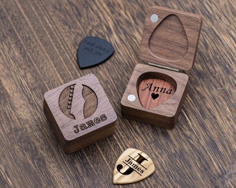 Personalized Wooden Guitar Picks Box,Custom Guitar Pick Holder Storage,Wood Guitar Plectrum Organizer Case,Music Gift for Guitarist Musician