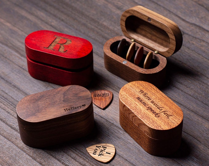 Personalized Wooden Guitar Picks with Case, Engraved Guitar Plectrum Box, Custom Pick Holder, Father's Day Gift, Gift for Him