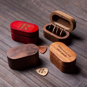Gepersonaliseerde houten plectrums met koffer, gegraveerd plectrumdoosje, aangepaste plectrumhouder, vaderdagcadeau, cadeau voor hem