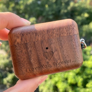 Custom wooden Airpods Case, Personalized Airpods 1 2 Pro Cover, Engraved wood AirPod Case with Keychain, Valentines Gift, School Season Gift image 1