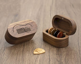 Personalized Wooden Guitar Picks Box: Engraved Plectrum Holder, Musician Gift