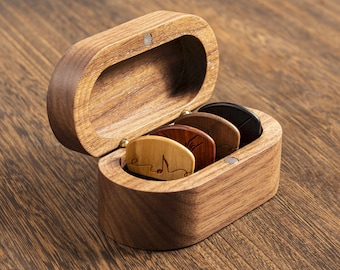 Personalized Walnut Guitar Pick Box, Engraved Pick Holder Set