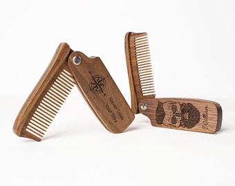 Personalized Folding Wooden Beard Comb, Engraved Walnut Pocket Hair Combs for Men, Custom Grooming Gift for Him