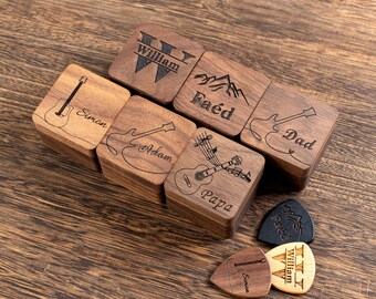 Personalized Wooded Guitar Pick Case, Engraved Plectrum Box, Custom Picks Holder, Guitarist Gift