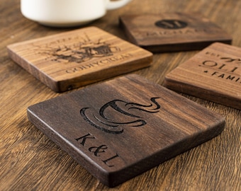 Personalized Walnut Coasters Set, Custom Engraved Beer Coaster Holder, Wedding Favors