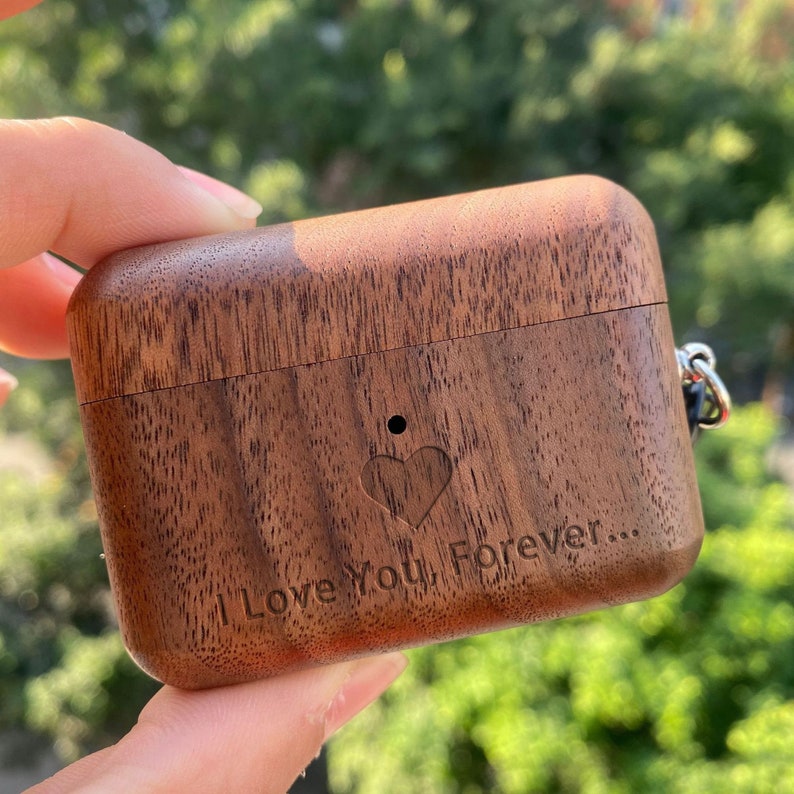 Custom wooden Airpods Case, Personalized Airpods 1 2 Pro Cover, Engraved wood AirPod Case with Keychain, Valentines Gift, School Season Gift image 1