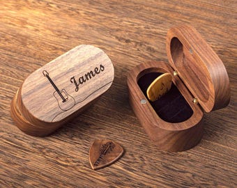 Personalized Wood Guitar Pick Box, Engraved Pick Case Holder Set, Gift for Dad