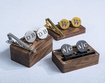 Custom Men's Cufflinks & Tie Clip Box Set, Engraved Cuff links Case, Unique Personalized gift for Dad