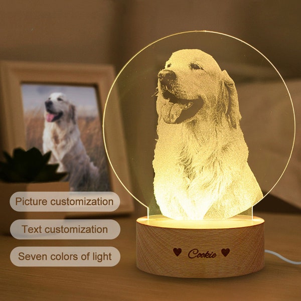 Custom 3D Pet Photo LED Lamp, Engraved Wood Base, Pet Memorial Gift