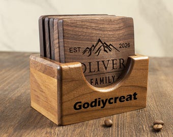 Personalized Wooden Coasters Set, Custom Engraved Coaste Holder, Bulk Wedding Favors for Guests