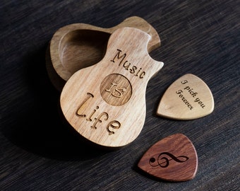 Personalized Wooden Guitar Picks with Case, Engraved Guitar Plectrum Box, Custom Pick Holder, Groomsmen Gifts, Father's Day Gift