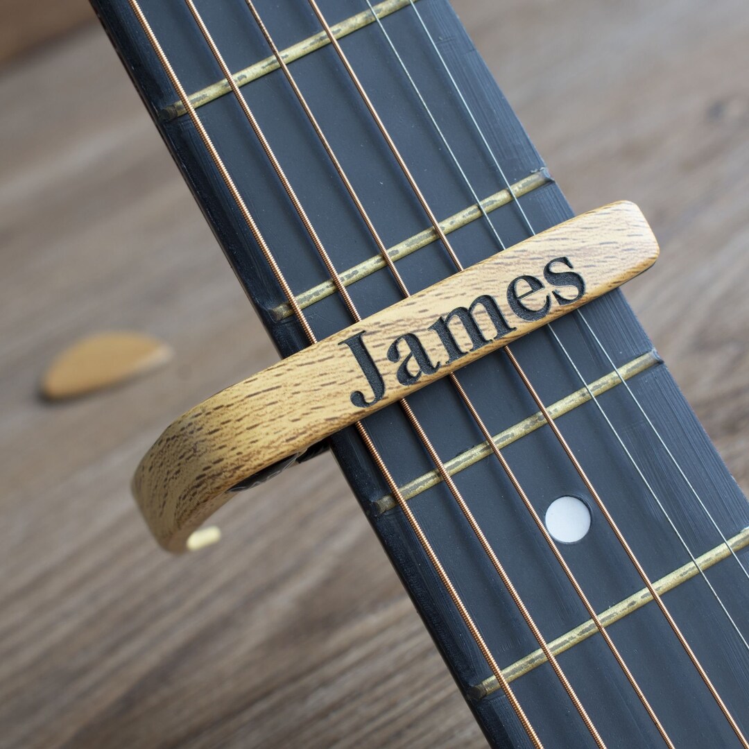 Personalized Metal Guitar Capo With Wood Grain, Custom Message