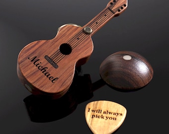 Personalized Guitar Pick Box: Rosewood Magnetic Case, Engraved Guitar Picks