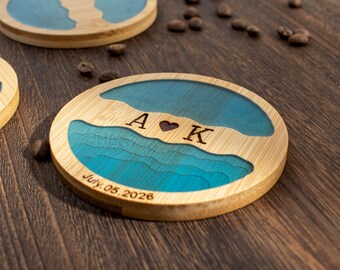 Custom Bamboo and Resin Coasters, Creative Wave Coaster, Personalized Wedding Gift