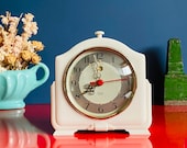 1950 s Art Deco Mantlepiece Tabletop Clock - White - Vintage