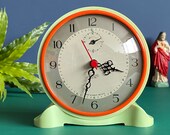 1950 s Art Deco Mid Century Mantlepiece Tabletop Clock - Mint Green Orange - Vintage