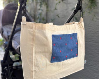Kinderwagentasche stabil Herzen gestickt; Kinderwagen Einkaufstasche passt an jeden Kinderwagen mit Befestigungssystem, Jutetasche, Jeans