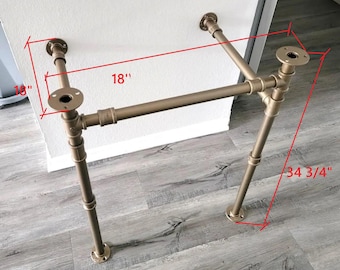 The sink legs are 34 3/4" tall, 18" wide, and 18" deep in an antique brass finish.