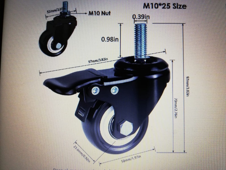 May include: Black swivel caster with a 2.76 inch diameter wheel and a 3.82 inch overall height. The caster has a brake lever and a threaded stem with a 0.39 inch diameter. The stem is labeled "M10*25 Size".