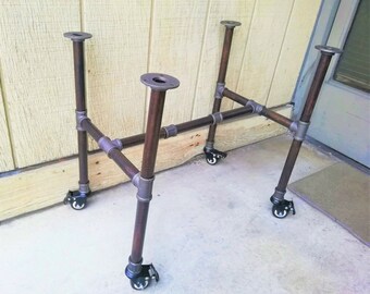 Industrial Pipe Table Legs with Crossbar and Wheels, DIY Farmhouse Style, Copperish Color