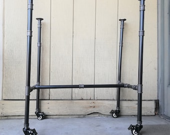 Black Pipe Table Legs with Crossbar, Industrial Style, with Wheels
