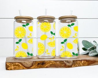 16 oz glass beer Libbey glass with bamboo lid & straw- lemon design