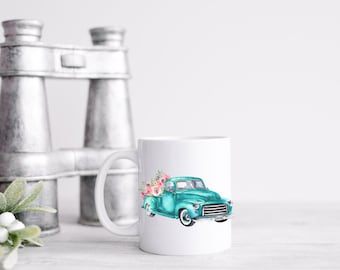 12 oz little country blue teal flower truck coffee mug
