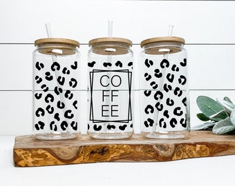 16 oz glass beer Libbey glass with bamboo lid & straw- coffee leopard design