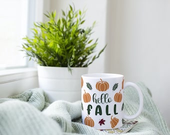 Hello fall mug - pumpkin - leaves