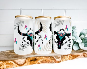 Boho deer coffee glass// Libby beer can glass// glass tumbler 16 oz // reusable bamboo lid and straw // iced coffee glass