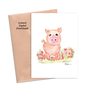 Varken wenskaart afdrukbaar, aquarel varken wenskaart, varken Card, Instant Download