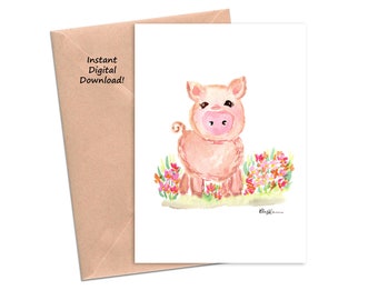 Pig Greeting Card Printable,  Watercolor Pig Greeting Card, Pig Card, Instant Download