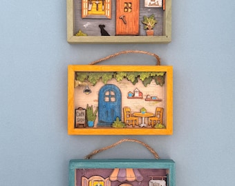 Handcrafted Miniature Shadow Box/ Miniature Shop Scene/Laser Cut Diorama/ Unique Gifts/ featuring Bakery, Woodshop, Coffee Shop, Tailor Shop