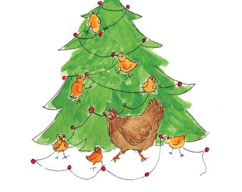 Chicken Christmas tree,  Watercolor Painting Art, Card Set,