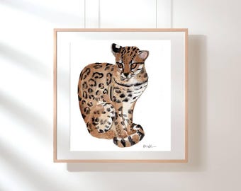 Ocelot Watercolor Painting, Wild Cats, PDF Instant Download, Wild Animals Art