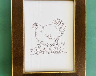 Mama Hen and her Chicks  Sketch Print, Mother Hen and her Chicks  Sketch Art Print, Unframed Painting, Hen Watercolor Sketch, Chickens Art