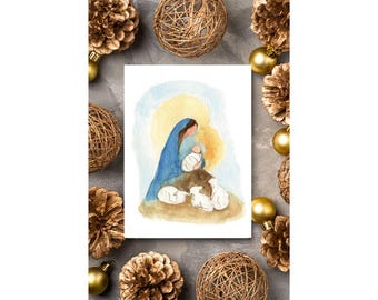 Nativity Scene Card Set of 12,  Mary and Baby Jesus,  Religious Holiday, Watercolor Painting Art, Card Set,