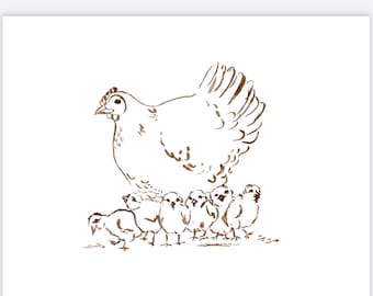 Mama Hen and Hers Chicks Printable Sketch, Instant Download PDF, Hen and her Chicks Watercolor Sketch Art