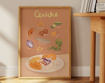 Ceviche, Recipe Illustration, Kitchen Art, Illustrated Recipe Art, Illustrated Food Print, Foodie Gift